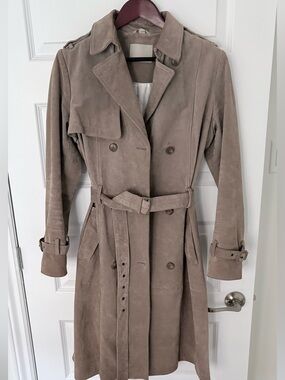 SOIA & KYO Genuine Suede Trench Coat with Floral Lining - Taupe Medium
